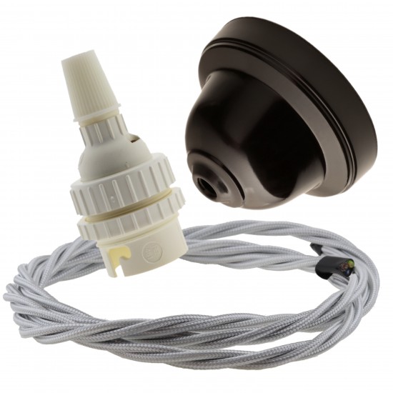 Brown Bakelite Ceiling Pendant Kit with B22 White Thermoset Lampholder and Silver Flex Brown Bakelite Ceiling Pendant Kit with B22 White Thermoset Lampholder and Silver Flex