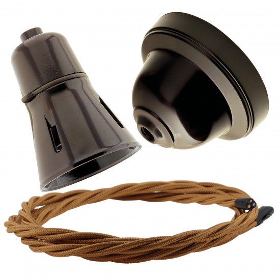 Brown Bakelite Ceiling Pendant Kit with Brown Traditional Lampholder and Black Flex