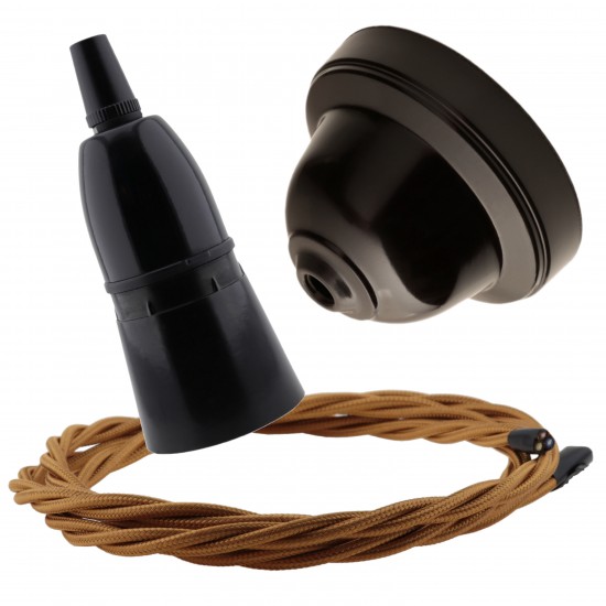 Brown Bakelite Ceiling Pendant Kit with B22 Black Bakelite Lampholder and Antique Gold Flex