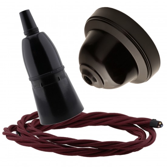 Brown Bakelite Ceiling Pendant Kit with B22 Black Bakelite Lampholder and Rich Burgundy Flex