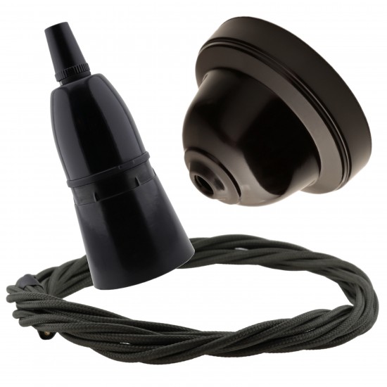 Brown Bakelite Ceiling Pendant Kit with B22 Black Bakelite Lampholder and Khaki Green Flex Brown Bakelite Ceiling Pendant Kit with B22 Black Bakelite Lampholder and Khaki Green Flex