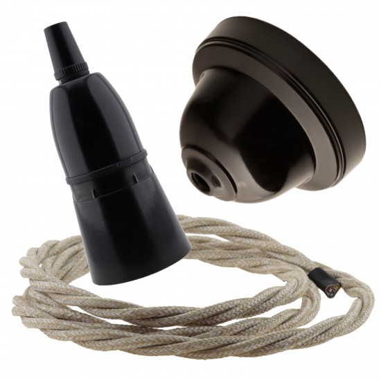 Brown Bakelite Ceiling Pendant Kit with B22 Black Bakelite Lampholder and Linen Flex Brown Bakelite Ceiling Pendant Kit with B22 Black Bakelite Lampholder and Linen Flex