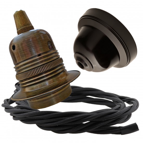 Pendant Kit with Brown Bakelite Ceiling cup E27 Antique Brass Finish Lampholder and Black Flex