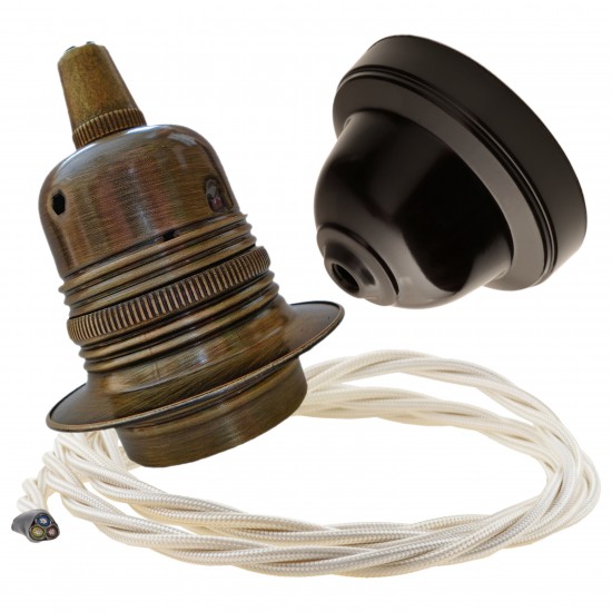 Pendant Kit with Brown Bakelite Ceiling cup E27 Antique Brass Finish Lampholder and Classic Ivory Flex