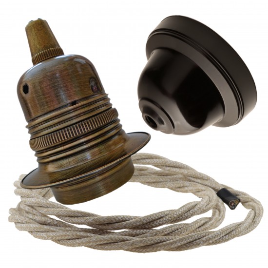 Pendant Kit with Brown Bakelite Ceiling cup E27 Antique Brass Finish Lampholder and Linen Flex