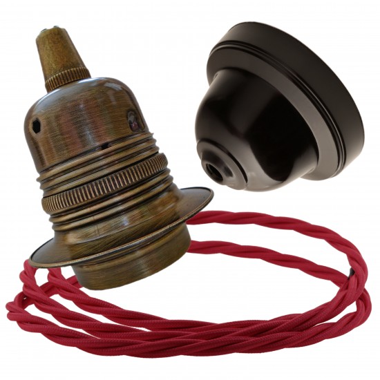 Pendant Kit with Brown Bakelite Ceiling cup E27 Antique Brass Finish Lampholder and Bright Red Flex