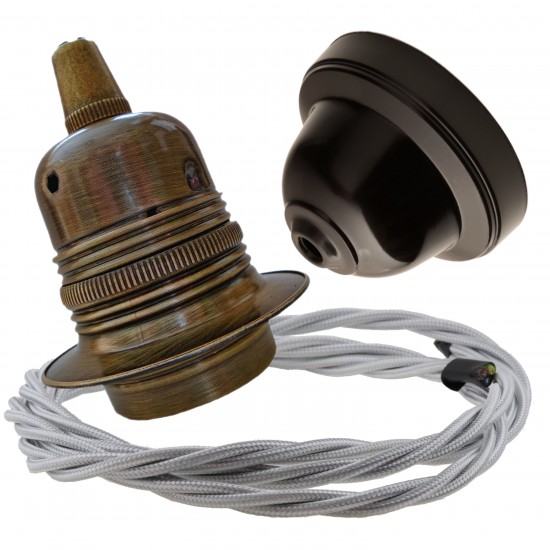 Pendant Kit with Brown Bakelite Ceiling cup E27 Antique Brass Finish Lampholder and Silver Flex
