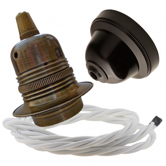 Pendant Kit with Brown Bakelite Ceiling cup E27 Antique Brass Finish Lampholder and White Flex