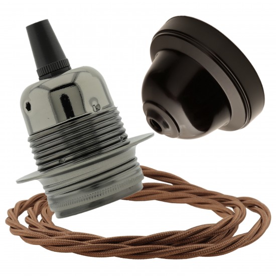 Pendant Kit with Brown Bakelite Ceiling cup E27 Dark Bronze Finish Lampholder and Bronze Flex