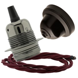Pendant Kit with Brown Bakelite Ceiling cup E27 Dark Bronze Finish Lampholder and Rich Burgundy Flex