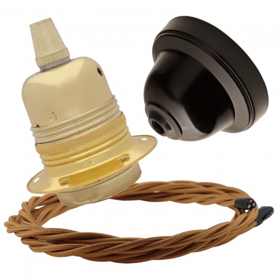 Pendant Kit with Brown Bakelite Ceiling cup E27 Polished Brass Finish Lampholder and Antique Gold Flex