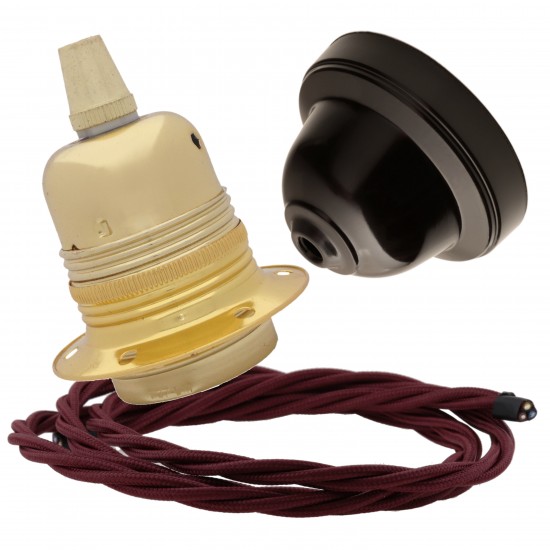 Pendant Kit with Brown Bakelite Ceiling cup E27 Polished Brass Finish Lampholder and Rich Burgundy Flex