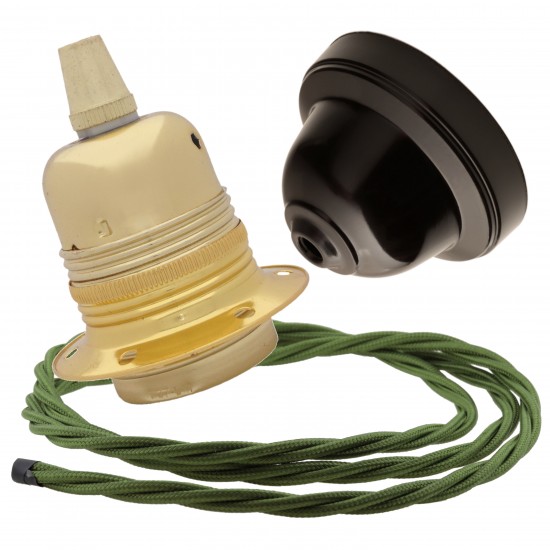 Pendant Kit with Brown Bakelite Ceiling cup E27 Polished Brass Finish Lampholder and Green Flex