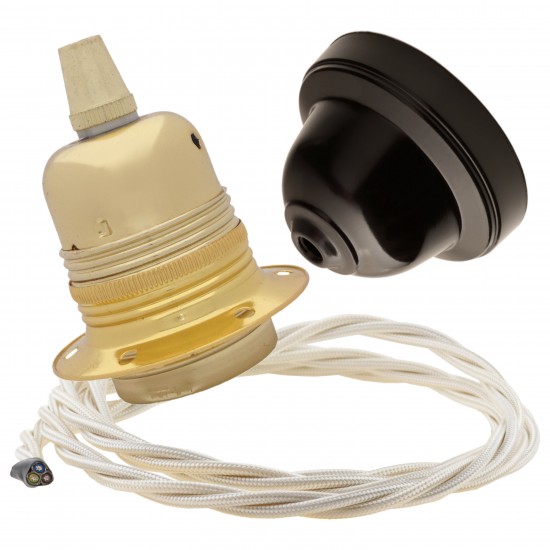 Pendant Kit with Brown Bakelite Ceiling cup E27 Polished Brass Finish Lampholder and Classic Ivory Flex