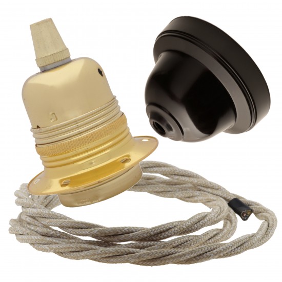 Pendant Kit with Brown Bakelite Ceiling cup E27 Polished Brass Finish Lampholder and Linen Flex