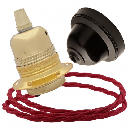 Pendant Kit with Brown Bakelite Ceiling cup E27 Polished Brass Finish Lampholder and Bright Red Flex