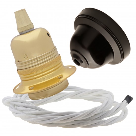 Pendant Kit with Brown Bakelite Ceiling cup E27 Polished Brass Finish Lampholder and White Flex