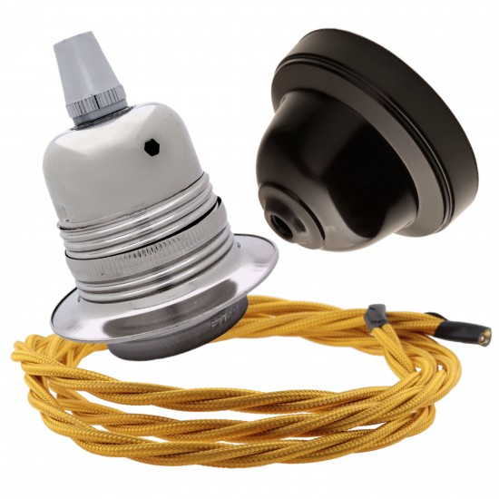 Pendant Kit with Brown Bakelite Ceiling cup E27 Silver Nickel Finish Lampholder and Gold Flex