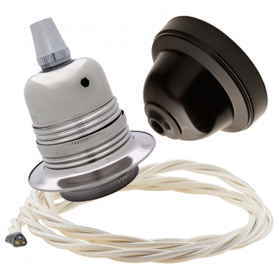 Pendant Kit with Brown Bakelite Ceiling cup E27 Silver Nickel Finish Lampholder and Classic Ivory Flex