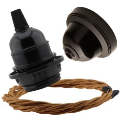 Pendant Kit with Brown Bakelite Ceiling Cup E27 Black Bakelite Lampholder and Antique Gold Flex