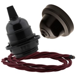 Pendant Kit with Brown Bakelite Ceiling cup E27 Black Bakelite Lampholder and Rich Burgundy Flex