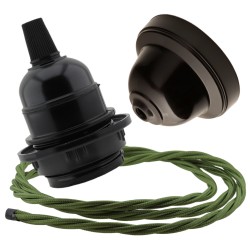 Pendant Kit with Brown Bakelite Ceiling cup E27 Black Bakelite Lampholder and Green Flex