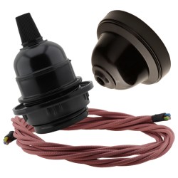 Pendant Kit with Brown Bakelite Ceiling cup E27 Black Bakelite Lampholder and Dusky Pink Flex