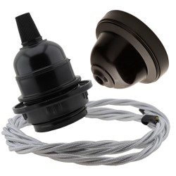 Pendant Kit with Brown Bakelite Ceiling cup E27 Black Bakelite Lampholder and Silver Flex