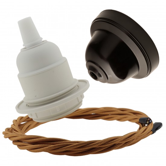 Pendant Kit with Brown Bakelite Ceiling cup E27 White Thermoset Plastic Lampholder and Antique Gold Flex