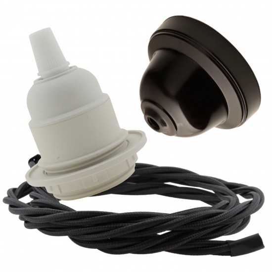 Pendant Kit with Brown Bakelite Ceiling cup E27 White Thermoset Plastic Lampholder and Black Flex