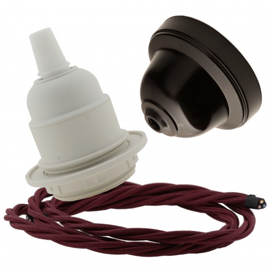 Pendant Kit with Brown Bakelite Ceiling cup E27 White Thermoset Plastic Lampholder and Rich Burgundy Flex