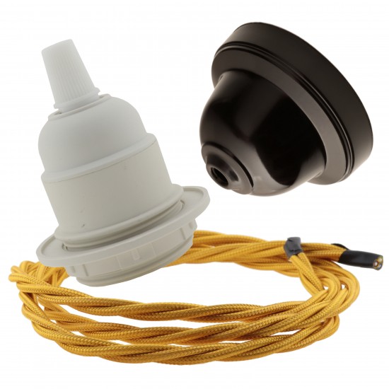 Pendant Kit with Brown Bakelite Ceiling cup E27 White Thermoset Plastic Lampholder and Gold Flex