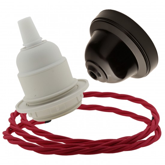 Pendant Kit with Brown Bakelite Ceiling cup E27 White Thermoset Plastic Lampholder and Bright Red Flex