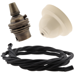 Ivory Bakelite Ceiling Pendant Kit with B22 Antique Brass Lampholder and Black Flex Ivory Bakelite Ceiling Pendant Kit with B22 Antique Brass Lampholder and Black Flex