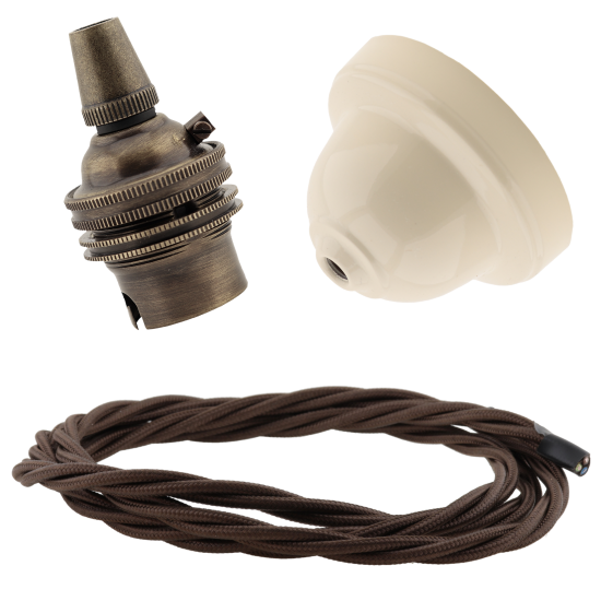 Ivory Bakelite Ceiling Pendant Kit with B22 Antique Brass Lampholder and Mocha Brown Flex