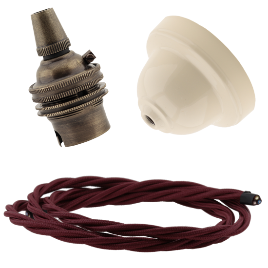 Ivory Bakelite Ceiling Pendant Kit with B22 Antique Brass Lampholder and Rich Burgundy Flex