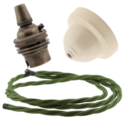 Ivory Bakelite Ceiling Pendant Kit with B22 Antique Brass Lampholder and Green Flex Ivory Bakelite Ceiling Pendant Kit with B22 Antique Brass Lampholder and Green Flex