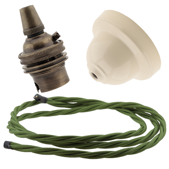 Ivory Bakelite Ceiling Pendant Kit with B22 Antique Brass Lampholder and Green Flex