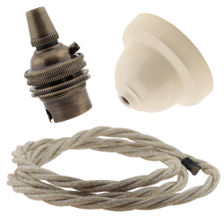 Ivory Bakelite Ceiling Pendant Kit with B22 Antique Brass Lampholder and Linen Flex Ivory Bakelite Ceiling Pendant Kit with B22 Antique Brass Lampholder and Linen Flex