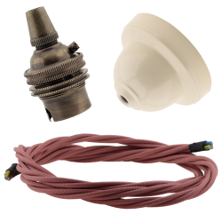 Ivory Bakelite Ceiling Pendant Kit with B22 Antique Brass Lampholder and Dusky Pink Flex Ivory Bakelite Ceiling Pendant Kit with B22 Antique Brass Lampholder and Dusky Pink Flex