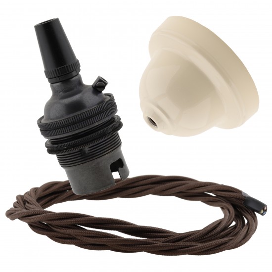 Ivory Bakelite Ceiling Pendant Kit with B22 Dark Bronze Finish Lampholder and Mocha Brown Flex