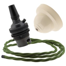 Ivory Bakelite Ceiling Pendant Kit with B22 Dark Bronze Finish Lampholder and Green Flex