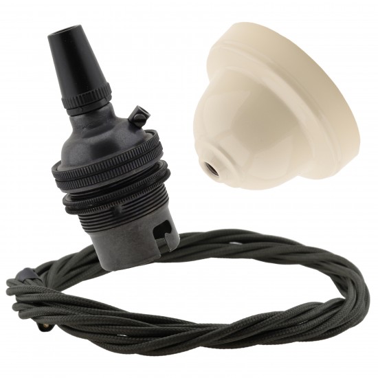 Ivory Bakelite Ceiling Pendant Kit with B22 Dark Bronze Finish Lampholder and Khaki Green Flex Ivory Bakelite Ceiling Pendant Kit with B22 Dark Bronze Finish Lampholder and Khaki Green Flex