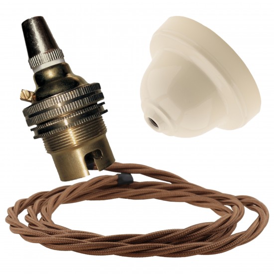 Ivory Bakelite Ceiling Pendant Kit with B22 Brass Finish Lampholder and Bronze Flex