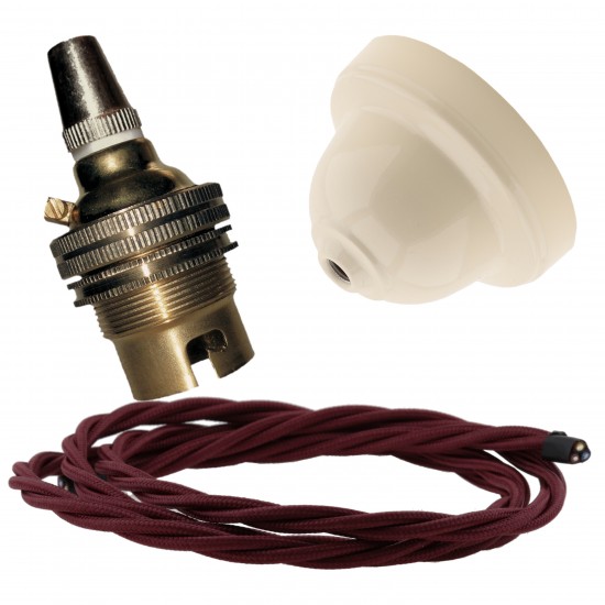 Ivory Bakelite Ceiling Pendant Kit with B22 Brass Finish Lampholder and Rich Burgundy Flex