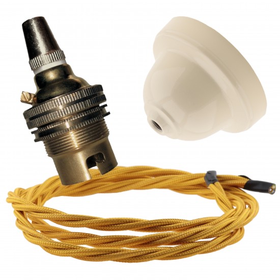 Ivory Bakelite Ceiling Pendant Kit with B22 Brass Finish Lampholder and Gold Flex