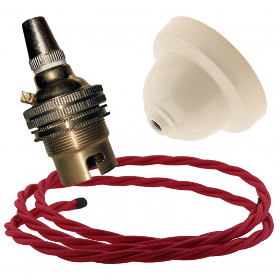 Ivory Bakelite Ceiling Pendant Kit with B22 Brass Finish Lampholder and Bright Red Flex