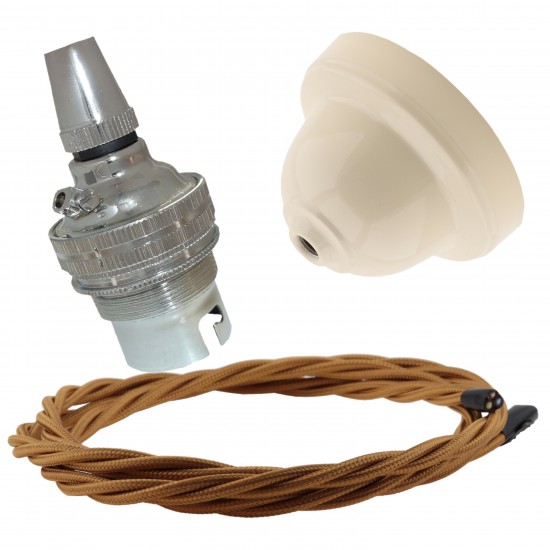 Ivory Bakelite Ceiling Pendant Kit with B22 Silver Nickel Finish Lampholder and Antique Gold Flex Ivory Bakelite Ceiling Pendant Kit with B22 Silver Nickel Finish Lampholder and Antique Gold Flex
