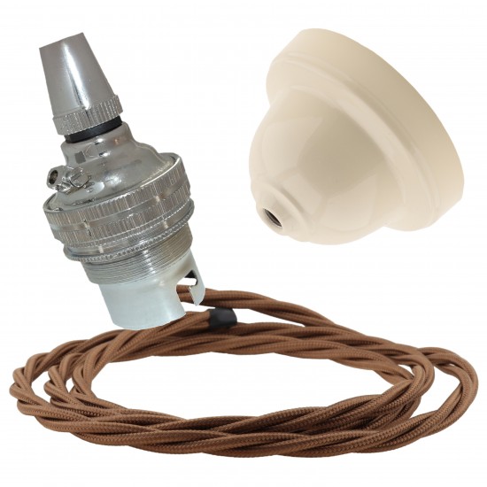 Ivory Bakelite Ceiling Pendant Kit with B22 Silver Nickel Finish Lampholder and Bronze Flex Ivory Bakelite Ceiling Pendant Kit with B22 Silver Nickel Finish Lampholder and Bronze Flex