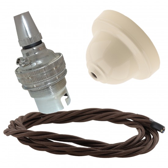 Ivory Bakelite Ceiling Pendant Kit with B22 Silver Nickel Finish Lampholder and Mocha Brown Flex